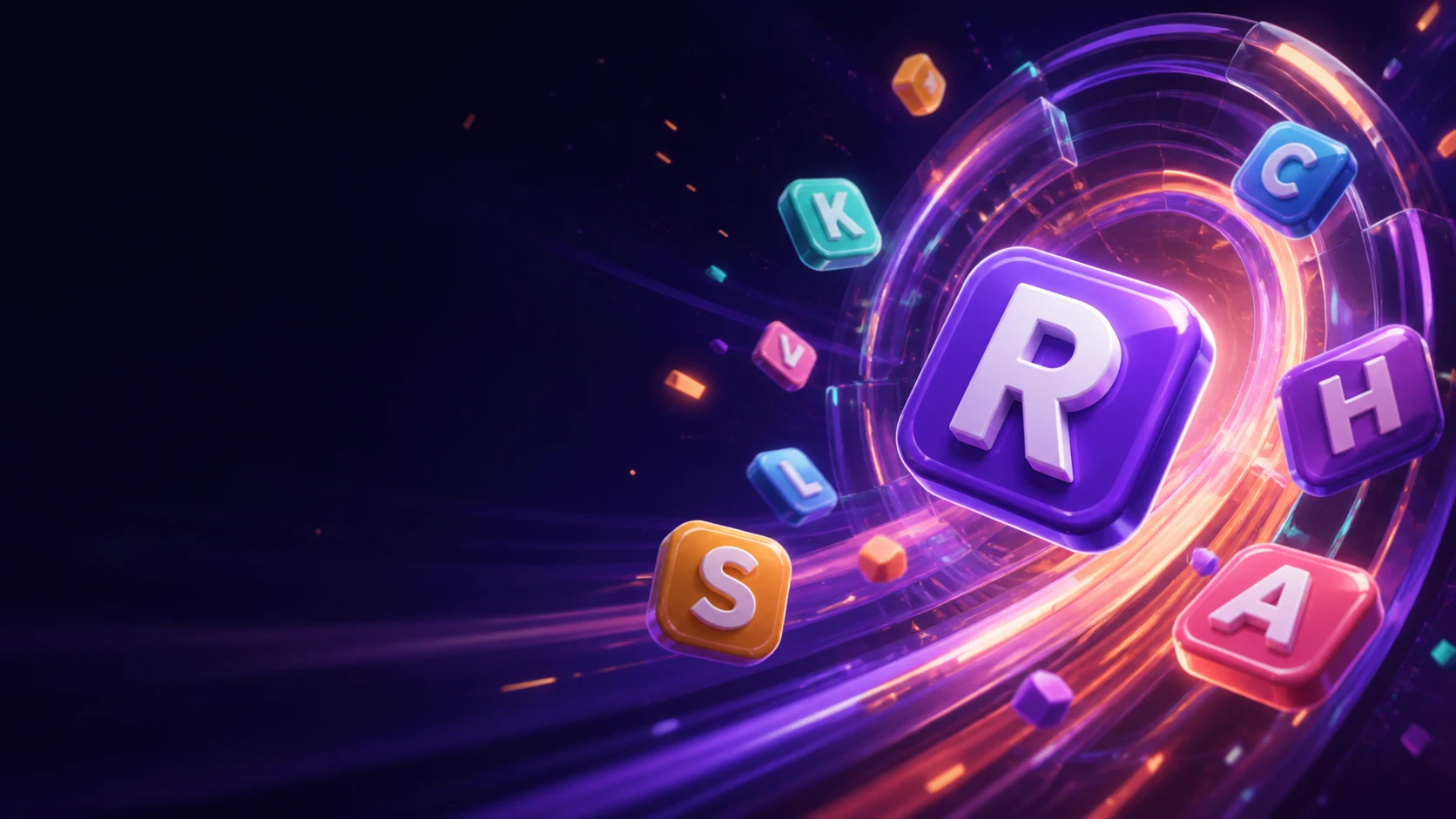 Colorful letter tiles rushing through a glowing game arena