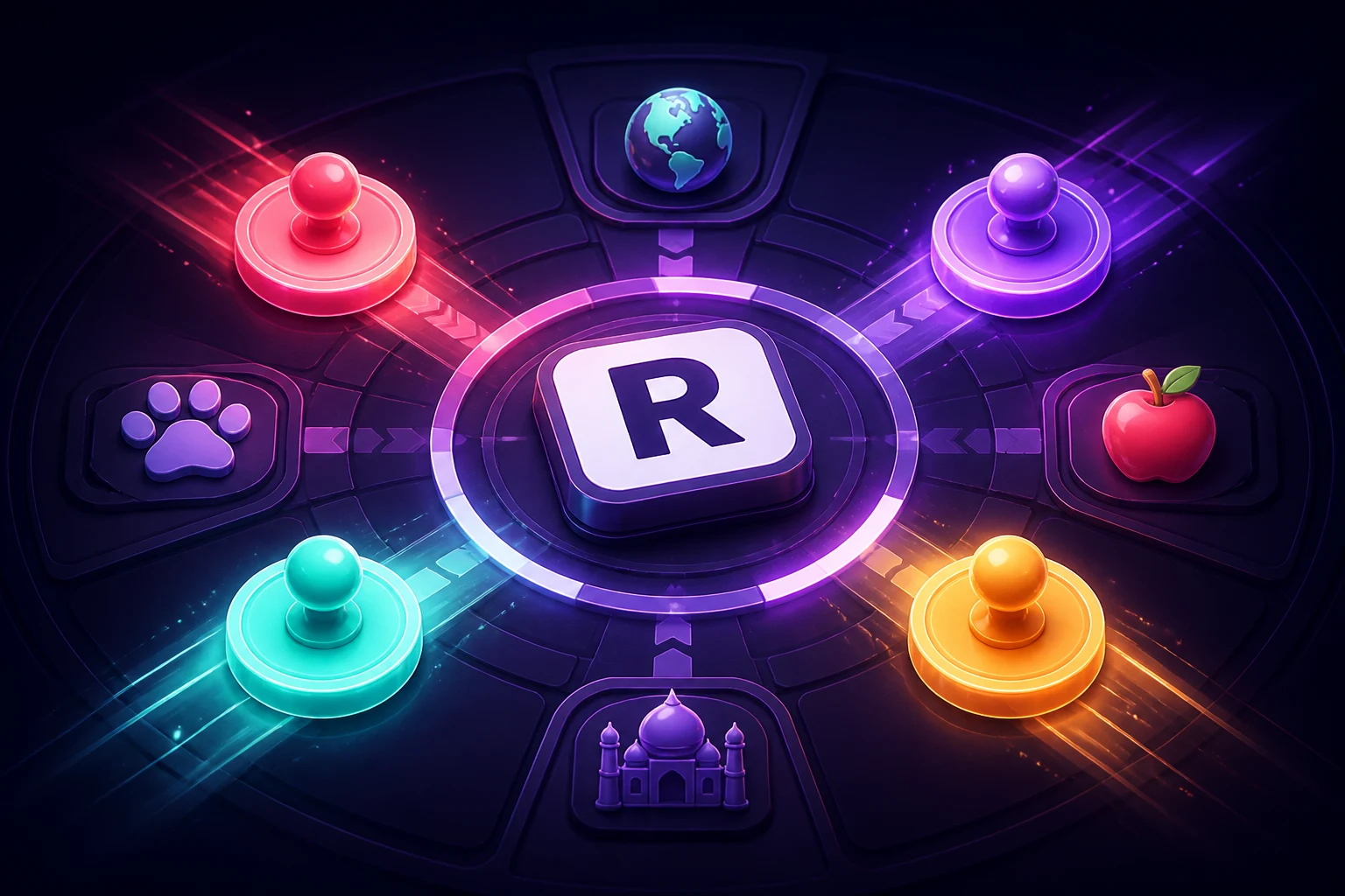 Four colorful player pieces racing around a central letter tile